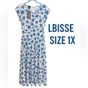 LBisse Blue Floral Midi Dress – Size 1X (NWT) Super Soft Stretchy Feminine Cutie